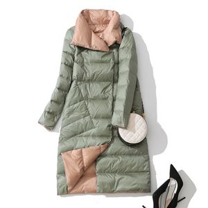 Fitaylor 플러스 사이즈 여성 양면 긴 재킷 화이트 오리 다운 코트 겨울 더블 브레스트 따뜻한 파카 스노우 outwear 201103