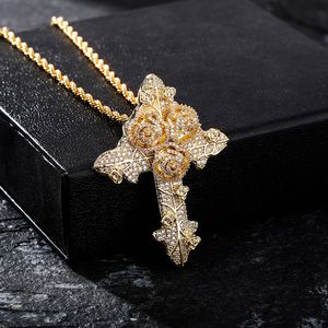Bling Diamond Stone Rose Flower Cross Pendants Halsband Smycken Real K Guldpläterad Lover Gift Par Religiösa Smycken Alla hjärtans dag