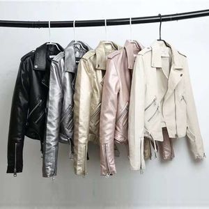 Silver Leather Jacket Women Metallic Motorcycle Short Jackets Lapel Zipper Biker Coat Soft Ladies Punk Streetwear 201120