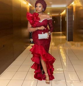 Aso Ebi Lace Mermaid Prom Klänningar Nigeriansk stil 2021 Appliques High Low Teains Formell Wear Plus Size Afton Dress African Robe de Soiree