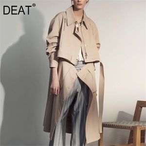 DEAT Detachable Unique Lapel Patchwork Sashes Trench Coat For Women Zippers Long Section Autumn Casual Clothes Windbreaker BE203 201211