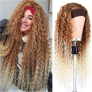 Syntetiska peruker Kinky Curly Long Afro Headband Nature Hair Corn Wave Glueless Head Wrap Wig För Black Women Daglig användning Halloween