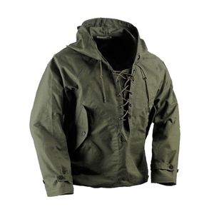 USN Wet Weather Parka Vintage Deck Jacket Jacket Pullover Lace Up WW2 Uniform Mens Navy Military Giacca con cappuccio Outwear Army Green 201119