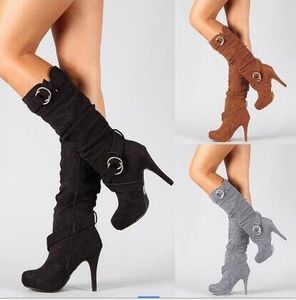 Dame Damen Dünne Absätze Sexy Party Reißverschluss Reitstiefel Frauen Stretch Stoff Gürtel Flock Lange High Heels Motorradstiefel Schuhe