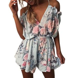 Sommar Chiffon Jumpsuit Kvinnor Sexig Av Skulder V-Neck Blommor Tryckt Rompers Ladies Beach Style Boho Mini Playsuit Shorts #Jo T200701