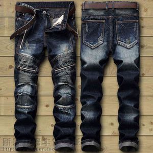 Dropshipping Mode Nya Biker Jeans Män Distressed Stretch Ripped Hip Hop Slim Fit Hål Punk Denim Bomullsbyxor X220214