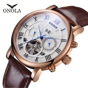 Polo Original Onola Business Casual Hohle automatische mechanische Herrenuhr, multifunktionale Herren-Armbanduhr aus Leder, wasserdicht