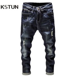 Ripped Men Jeans Dark Blue Stretch Slim Fit Destroyed Broken Holes Denim Pants Casual Biker Jeans Male Hip hop Mens Punk Jeans 201216T
