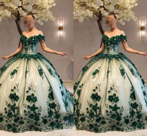 2023 Hunter Green Nude Prom Sweet 16 sukienek suknia balowa kwiatowy 3D kwiaty perły zroszony Off The Shoulder Quinceanera sukienka Plus rozmiar kobiet