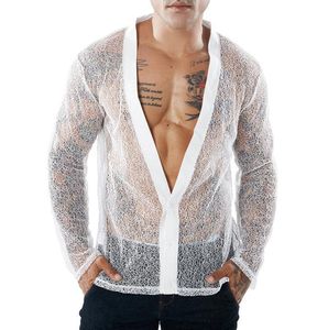 ingrosso Sexy Teenagers-Camicie casual da uomo camicia trasparente maglia da uomo manica lunga adolescente moda coreana punk slim sexy mens personalità cantante cantante da uomo