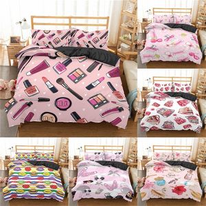 Homesky Luxury Makeup Läppstift sängkläder Set Kosmetiska Rosa Duvet Cover Girls Women Bed Set Home Textiles sängkläder 2 / 3pcs 201021