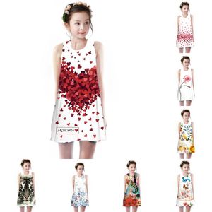 2022 Nya Summer Girls Princess Dresses Kids Baby Digital Utskrift Party Ärmlös Barn Fashion Elegant Vest Dress 20220308 H1