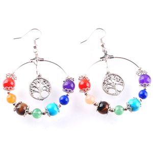 Wojiaer 7 Chakra Tree of Life Women Dangle Drop Earrings Natural Round Gem Stenpärla Reiki Healing Crystal Earring Bohemian Smycken R3124