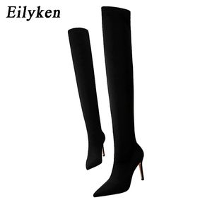 Hot Sale Eilyken Höst Vinter Glitter Kvinnor Lår Elegant Thin Heeled Over The Knee High Heels Sock Boots Skor