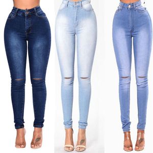 2021 Mulheres Européias e Americanas Alto de Jeans Rapped jeans