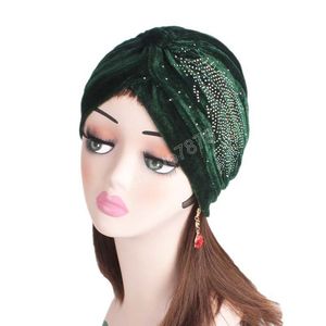 Women Gorgeous Vintage Gold Velvet Turban Hat Rhinestoned Ruffle Headscarf Indian Hat Women's Muslim Hijab Hair Accessories