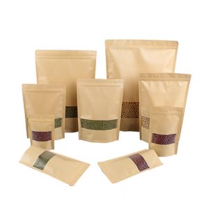 Multi-Stores Kraft Paper Food Packaging Väskor med klart fönster på framsidan Sticka upp Zip Lock Kaffepaket Tea Pakespåsar