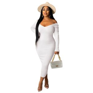 New Fall Winter Knitted Ribbed Dresses Women Long Sleeve V Neck Bodycon dress Autumn Midi Skirts Beautiful Hip package skirt Solid Party Club Wear Wholesale 5750