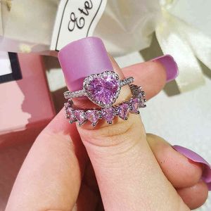 2021 Nytt trendigt hjärta Original Sterling Silver Wedding Ring Set för Women Lady Anniversary Gift Smycken Partihandel R5690 Rosa