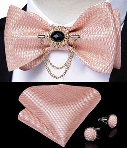 Pink Plaid Solid Men's Self Tie Bow Tie Silk Jacquard Woven Wedding Party Bowtie Hanky ​​Brosch Set Men Butterfly Slitte Dibangu Y1229