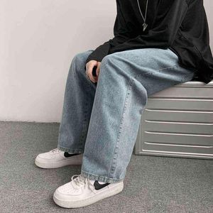 Mens Baggy Jeans Vintage Blue Drawstring Elastic Waist Wide Legs Straight Denim Pants Korean Trousers Casual Male Brand Clothing G0104