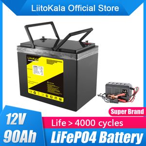 LiitoKala 12V 90Ah LiFePO4 Bateria 12,8V Bateria de lítio 4000 ciclos para campistas RV Carrinho de golfe off-road off-grid Vento solar / carregador 14,6V20A