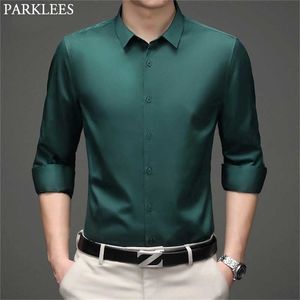 Green Mens Dress Shirts Brand Superfine Long Sleeve Men Slim Fit Elastic Breathable Non-Iron Quality Male 220309