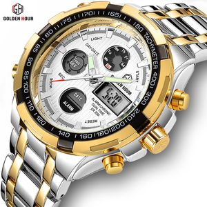 GOLDENHOUR Luxury Men Classic Business Orologio al quarzo Moda uomo Doppio display Orologio da polso in acciaio inossidabile Orologio maschile impermeabile LJ201119