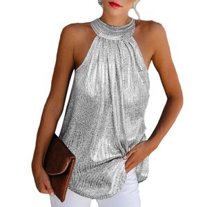 Blusas Femininas Camisas Plus Size 5XL Feminino Ouro Prata Preto Blusa Brilhante Camisa Verão Sem Mangas Halter Colete Casual Solto Tops E