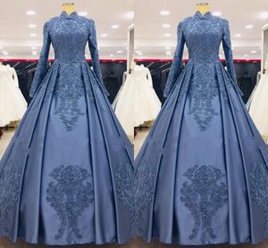 2021 Teal Blue Saudiarabien Formella aftonklänningar Satin långärmad hög hals niger spets pärlor a-line prinsessor prom special tillfälle klänning