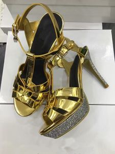 FAS 히온 섹시한 PVC 밝은 색상 여성 샌들 패션 디자이너 10cm 금속 버클 가죽 하이힐 여성 신발 35-42