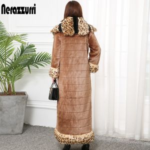 Nerazzurri X-Long Winter Faux Fur Coat Kvinnor med Leopard Fox Fur Trim Length Furry Warm Plus Size Fake Mink Fur Overcoat 201212