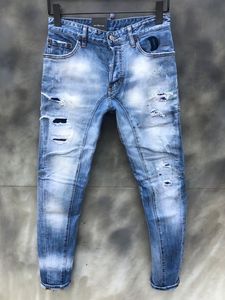 Calça jeans casual europeu e americano elegante em, de alta qualidade lavada, desgastado à mão, apertado motocicleta rasgada Jean LT135