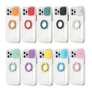 Push pull Slide Camera Lens Protection Cases Transparent Clear Shockproof Ring Stand Holder For iPhone 13 12 11 Pro MAX 8 7 Plus Samsung S21 FE S22 Ultra A13 A33 A53 A73 5G