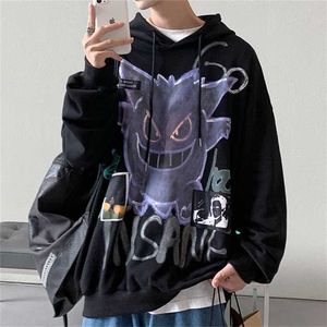 Sonbahar Kış Şeytan Hoodie Erkek Moda Günlük Hoodies Gevşek Feece Hip Hop Street Giyim Erkekler Sweatshirt Anime Giysileri 220107