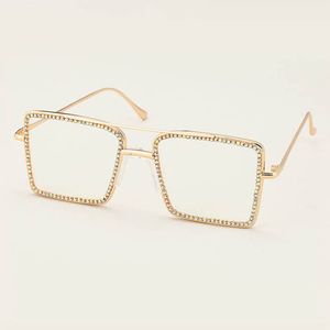 Fashion Square Eyeglasses Frame With Full Rhinestones Flat Mirror Anti-blue Light Metal Glasses Gold And Silver