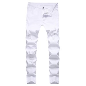 Męskie dżinsy Biały Ripped Skinny Dudniczył Zniszczony Męski Rowerzysta Jeans Hole Distressed Zipper Slim Fit Denim Casual Male Spodnie Spodnie