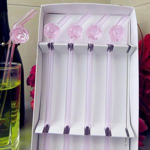 Drinking Straws 4pcs Custom Handmade Pink Glass Rose Design Suction Decorative Wedding Party High Quality Bending Straw1