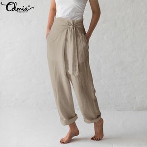 Celmia 2019 mulheres fundos vintage linho linho calças de perna casual calças harem solto longo pantalone palazzo feminino s-5xl t200319