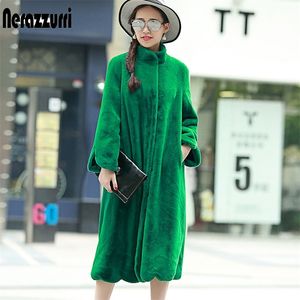Nerazzurriロングフッフィー暖かいフェイクの毛皮コート女性スタンドカラーAライン冬緑色の黒ピンクプラスサイズファッション5xl 6xl 7xl 201210