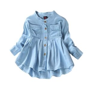 Denim Mädchen Blusen Kleidung Herbst Baby Mädchen Jeans Shirts Solide Jean Kinder Kinder Langarm Mandarin Kragen Mode Voll 220125