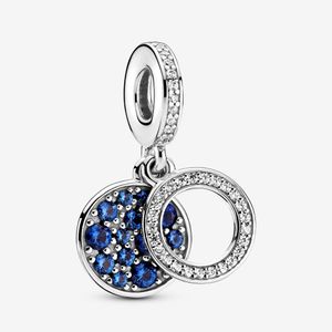 100 % 925er-Sterlingsilber, glitzernde blaue Scheibe, doppelte baumelnde Charms, passend für originale europäische Charm-Armbänder, Mode, Frauen, Hochzeit, Verlobung, Schmuckzubehör