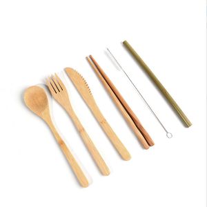 Portable Knife Picnic Natural Reusable Straw Spoon Fork Chopstick Kitchen Utensil Bamboo Cutlery Set Wholesale