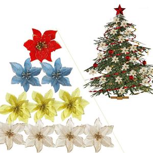 Decorações de Natal 5/10pcs Flores artificiais Decoração de árvore Diy Glitter Silk Flower para feliz ano de festa de Natal Ornaments1