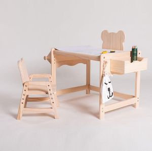 Children Tables solid wood children's room painting learning creative multi-functional bear table chair lifting height pine desk chairs
