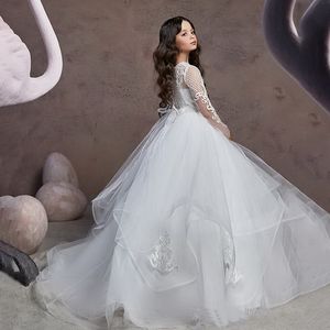 Yaz Çiçek Kız Düğünler İçin Balo Elbise Prenses Zemin Uzunluğu Beyaz Dantel Tül Aplikes Uzun Kollu Parti Elbiseleri Pagea262k