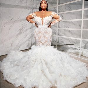 Size Gorgeous Plus Dresses Mermaid Ruffles Sweep Train Lace Long Sleeve Bridal Gowns Sexy Plunging Neckline Fishtail Wedding Dress