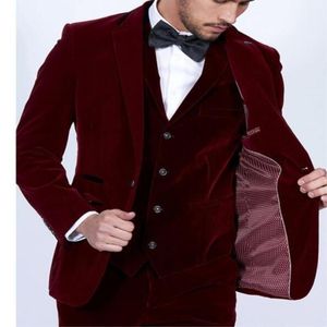 Borgonha Velvet Homens Suits 2020 Slim Fit 3 Peça Blazer Feito Vinho Noivo Vermelho Prom Festa Tuxedo Jacket Calças Colete1