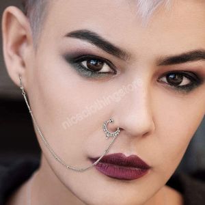 Fake nose Septum Ring with Long Chain to ear piercing for Women Dangle Surgical Steel Hoop earring Clip on nose Body Jewelry