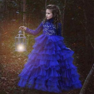 Royal Blue Ivered органза цветок девочек платья кружева с длинным рукавом пухлый малыш для пагентна платье драгоценные камни шеи маленькая девочка Brithday вечеринка